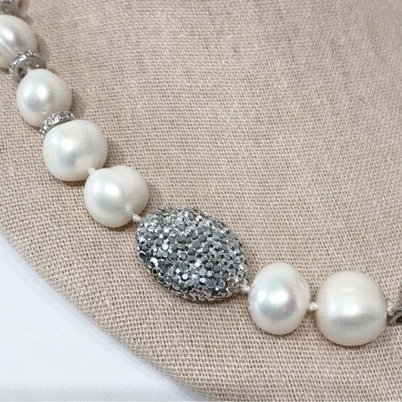 Real 14mm Pearl Necklace Large CZ Clasp Pave Crystal 21" Hand Knotted Chunky VTG - Picture 13 of 15